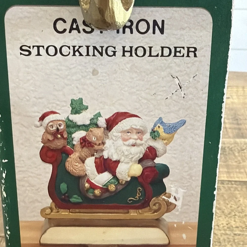 Cast Iron Base Santa On Sleigh With Birds Christmas Stocking Holder Vintage
